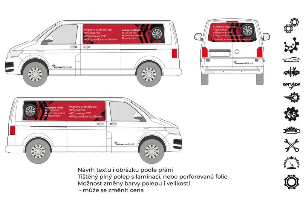 Autoservis - střední dodávka - tištěné prolisy + řezaná loga - společný náhled