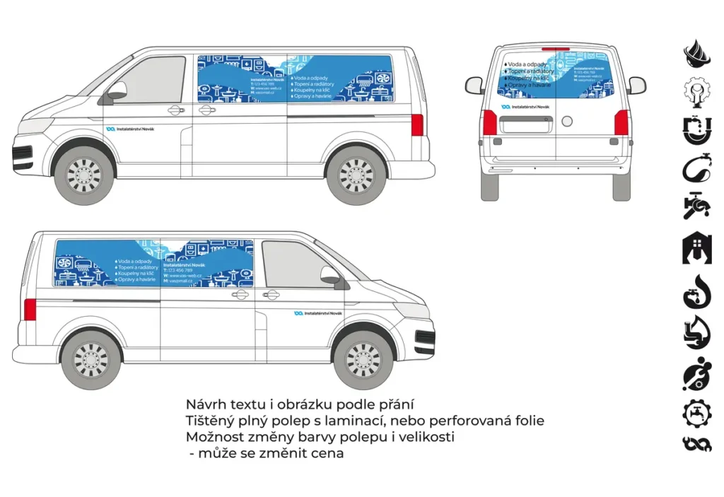 Instalatér - střední dodávka - tištěné prolisy + řezaná loga - společný náhled